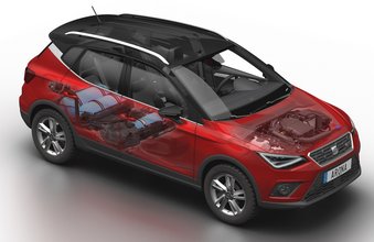 Illustration des Seat Arona mit transparenter Seitenwand und Sicht auf die verbauten Gas-Tanks