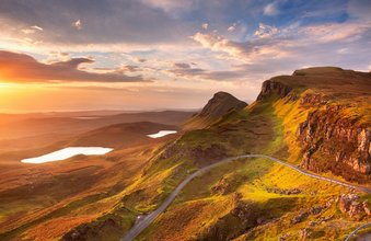 Sunrise over the Quiraing on the Isle of Skye in Scotland.