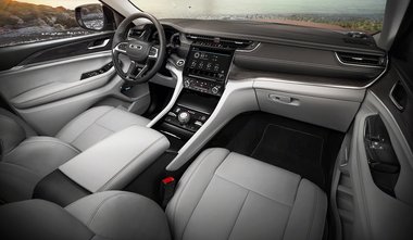 The all-new 2021 Jeep® Grand Cherokee L Overland features a premium, spacious interior with standard 10-inch display screens, including a frameless digital gauge cluster and Uconnect 5 10.1-inch touchscreen radio.